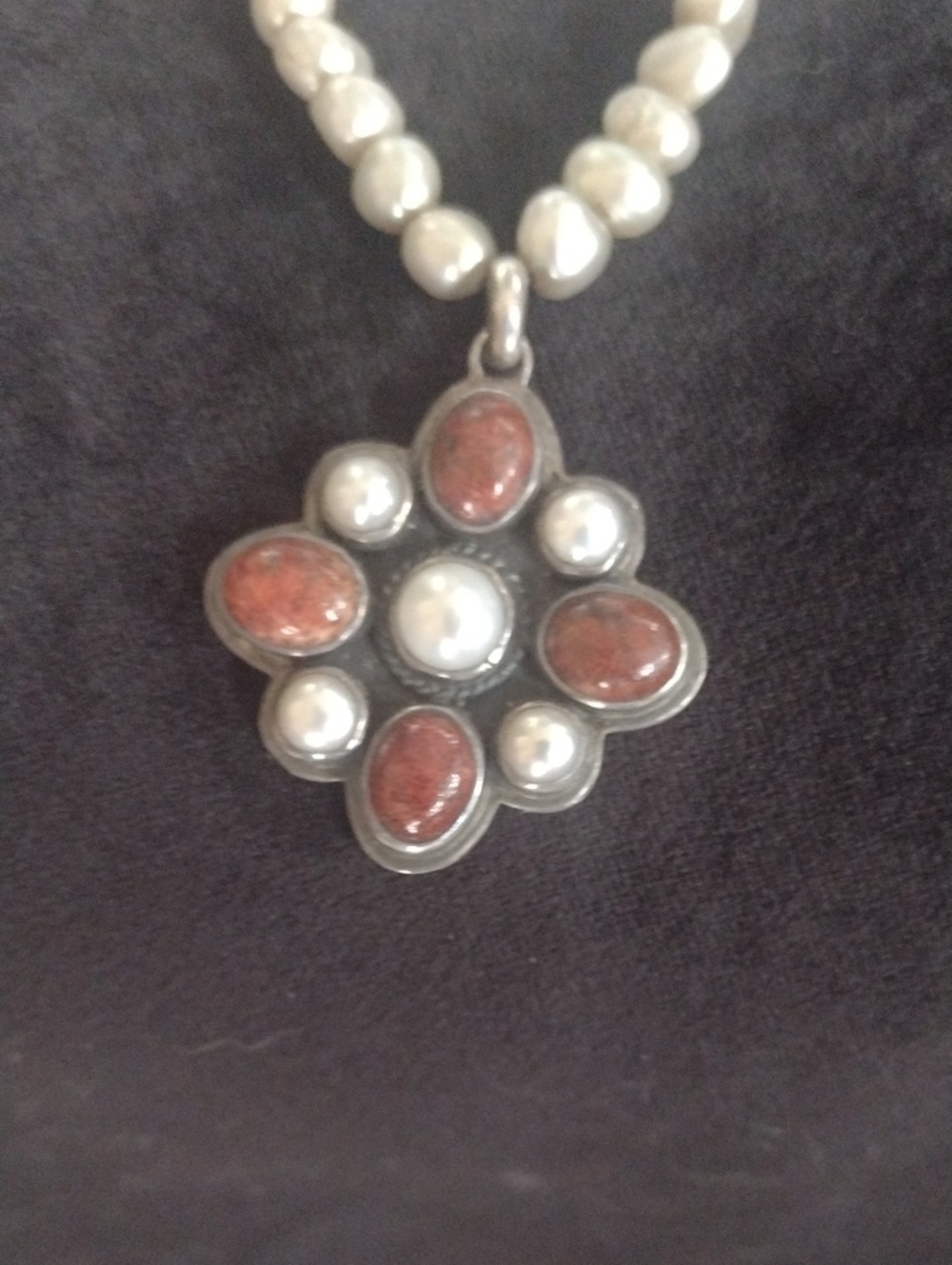Pearl and Red Stone Floral Pendant Necklace